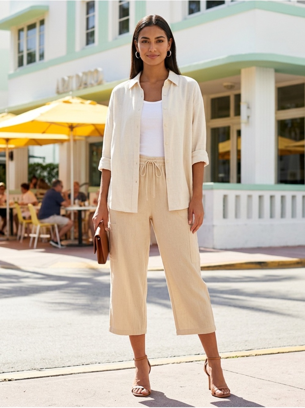 Lightweight Beige Wide-Leg Crop Pants with Drawstring Waist